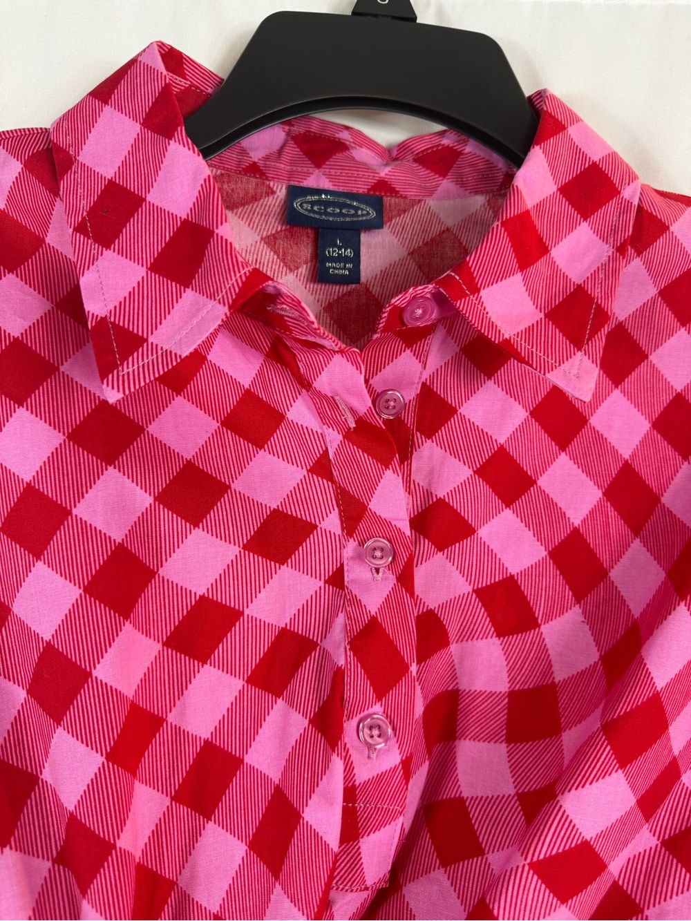 Scoop women dress Red Pink Gingham Twist-Waist Midi Shirt Dress size: L - Picture 10 of 17